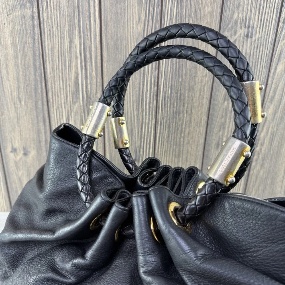 Michael Kors Black Leather Drawstring Satchel Bag Braided Handles Large RARE